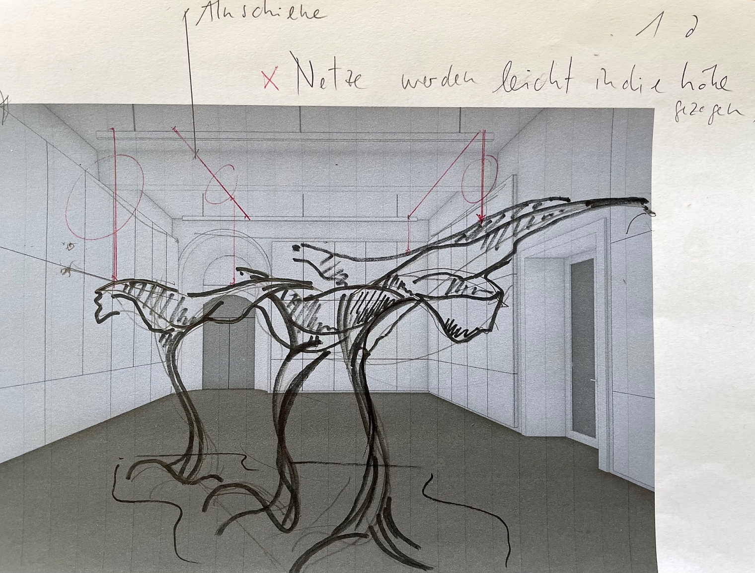 Raumskizze für die Ausstellung Sagenhafter Alpenraum. Sagen aus den Alpen. Schweizerisches Nationalmuseum Zürich. Szenografie und Gestaltungskonzept von Martina Nievergelt