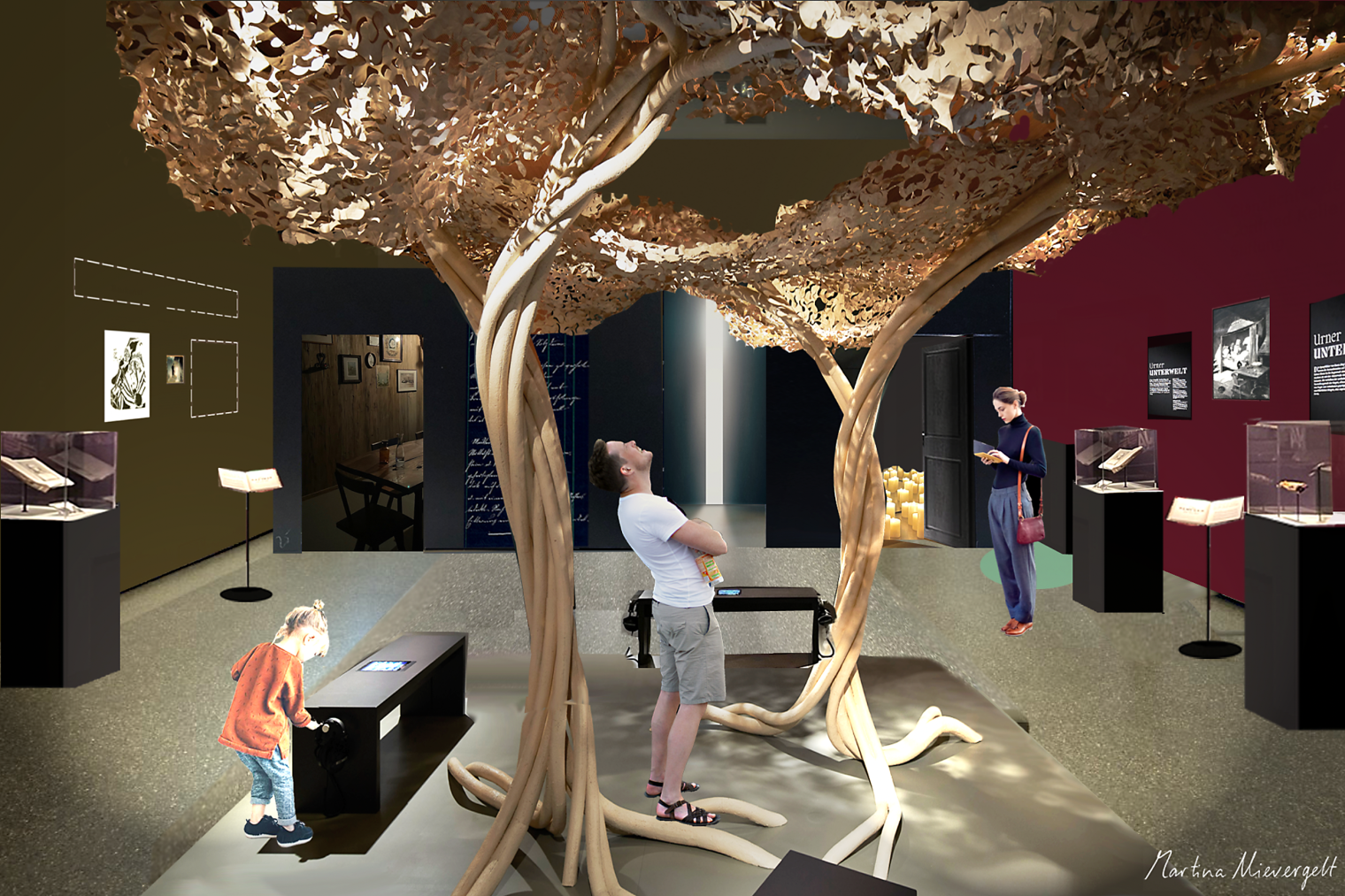 Raumvisualisierung für die Ausstellung. Sagenhafter Alpenraum. Sagen aus den Alpen. Schweizerisches Nationalmuseum Zürich. Szenografie und Gestaltungskonzept von Martina Nievergelt