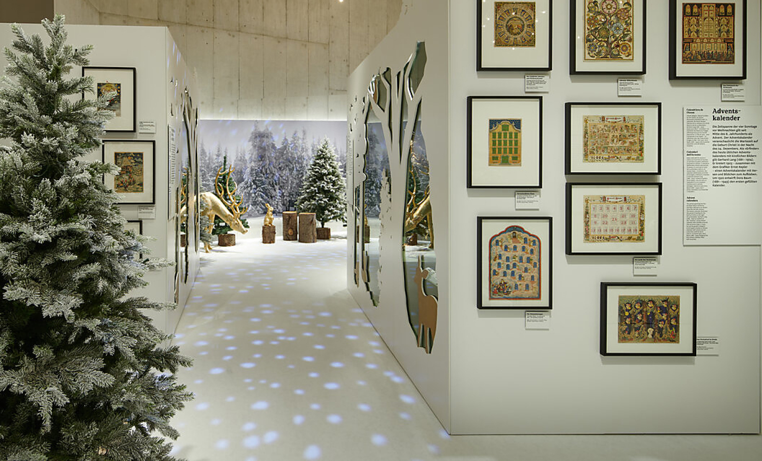 Jährliche Ausstellung Weihnachten & Krippen in winterlicher Weihnachtsstimmung. Schweizerisches Nationalmuseum Zürich. Aussattung und Gestaltungskonzept von Martina Nievergelt