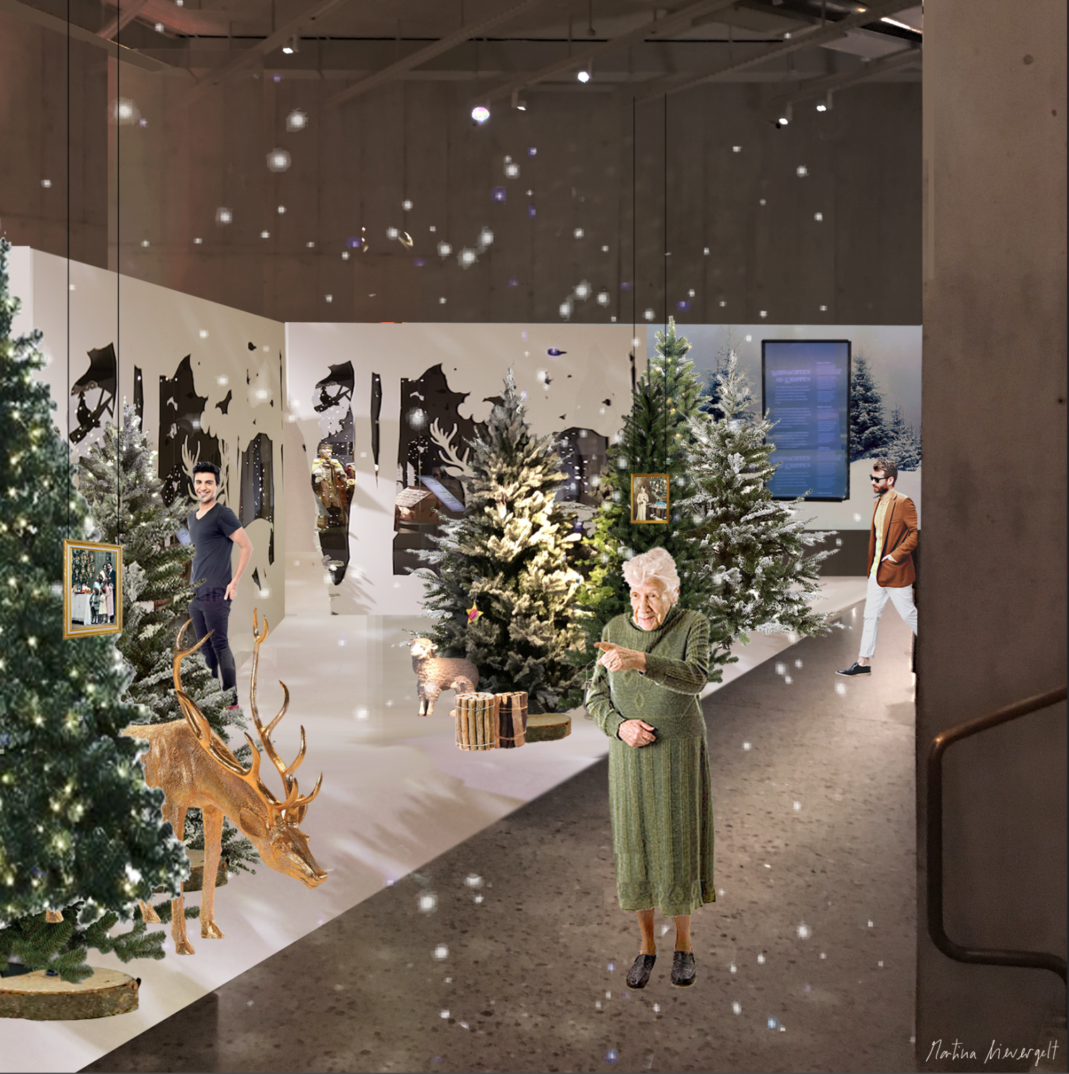 Raumvisualisierung für die Ausstellung Weihnachten & Krippen in winterlicher Weihnachtsstimmung. Schweizerisches Nationalmuseum Zürich. Aussattung und Gestaltungskonzept von Martina Nievergelt
