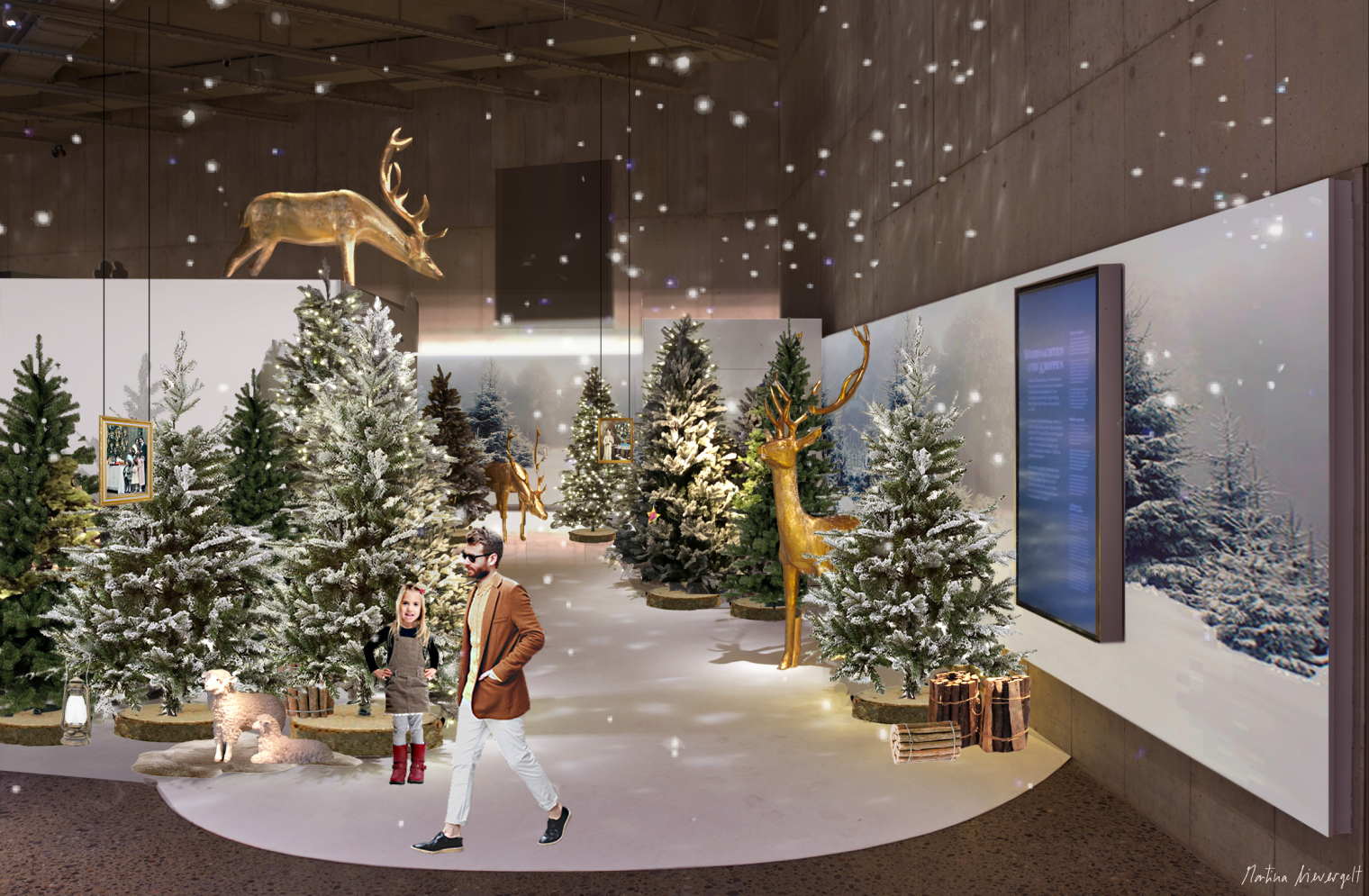 Raumvisualisierung für die Ausstellung Weihnachten & Krippen in winterlicher Weihnachtsstimmung. Schweizerisches Nationalmuseum Zürich. Aussattung und Gestaltungskonzept von Martina Nievergelt