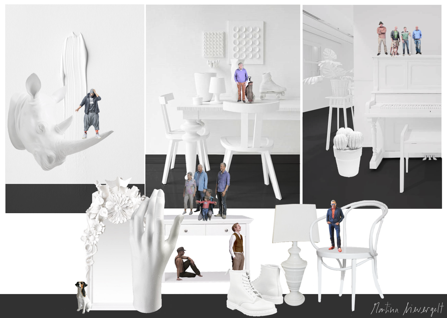 Moodboard für die Ausstellung Twinsie. Du als 3 D Figur. Pop-up Galerie für Ifolor AG. White in White. Szenografie und Gestaltungskonzept von Martina Nievergelt
