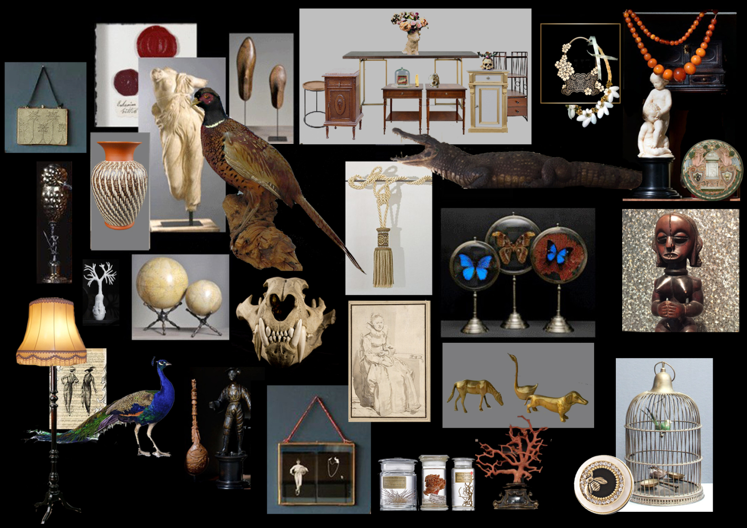 Moodboard-Aussattungsobjekte für die Ausstellung Cooperations in der Fondation Beyeler feiert die Kooperation des Museums mit Privatsammlungen. Szenografie und Gestaltungskonzept der Wunderkammer von Martina Nievergelt