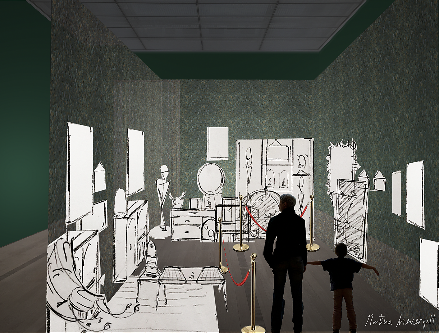 Raumskizze für die Ausstellung Cooperations in der Fondation Beyeler feiert die Kooperation des Museums mit Privatsammlungen. Szenografie und Gestaltungskonzept der Wunderkammer von Martina Nievergelt