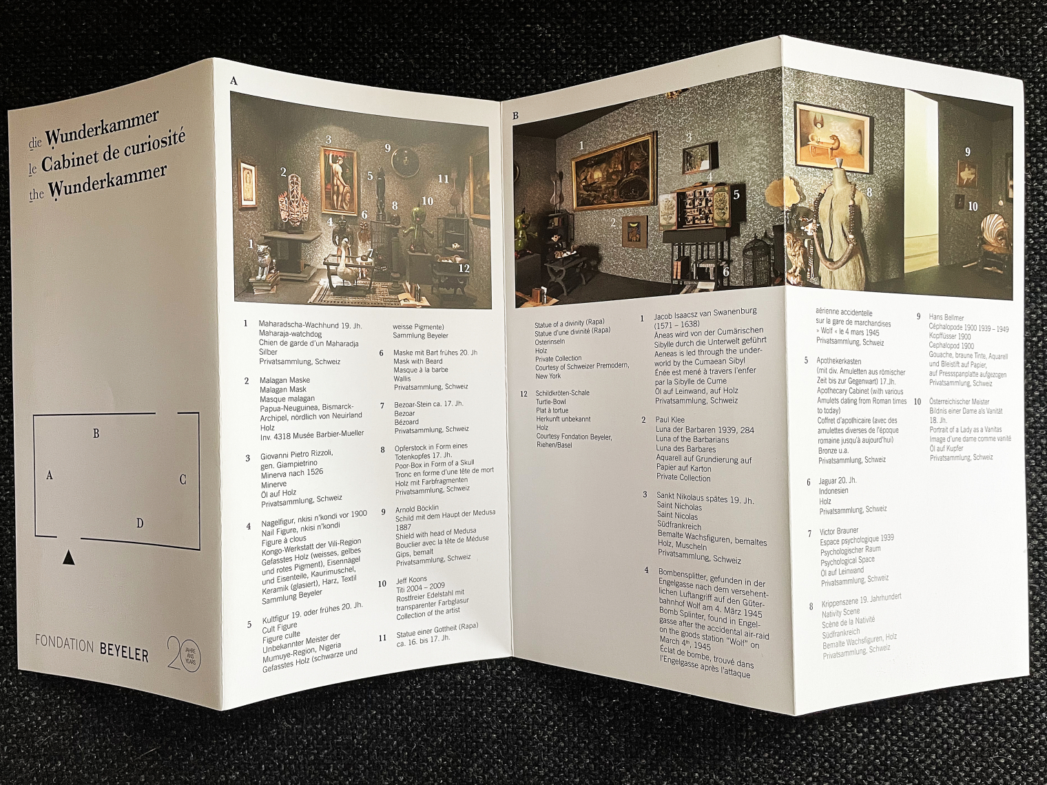 Saalplan für die Wunderkammer. Die Ausstellung Cooperations in der Fondation Beyeler feiert die Kooperation des Museums mit Privatsammlungen. Szenografie und Gestaltungskonzept der Wunderkammer von Martina Nievergelt