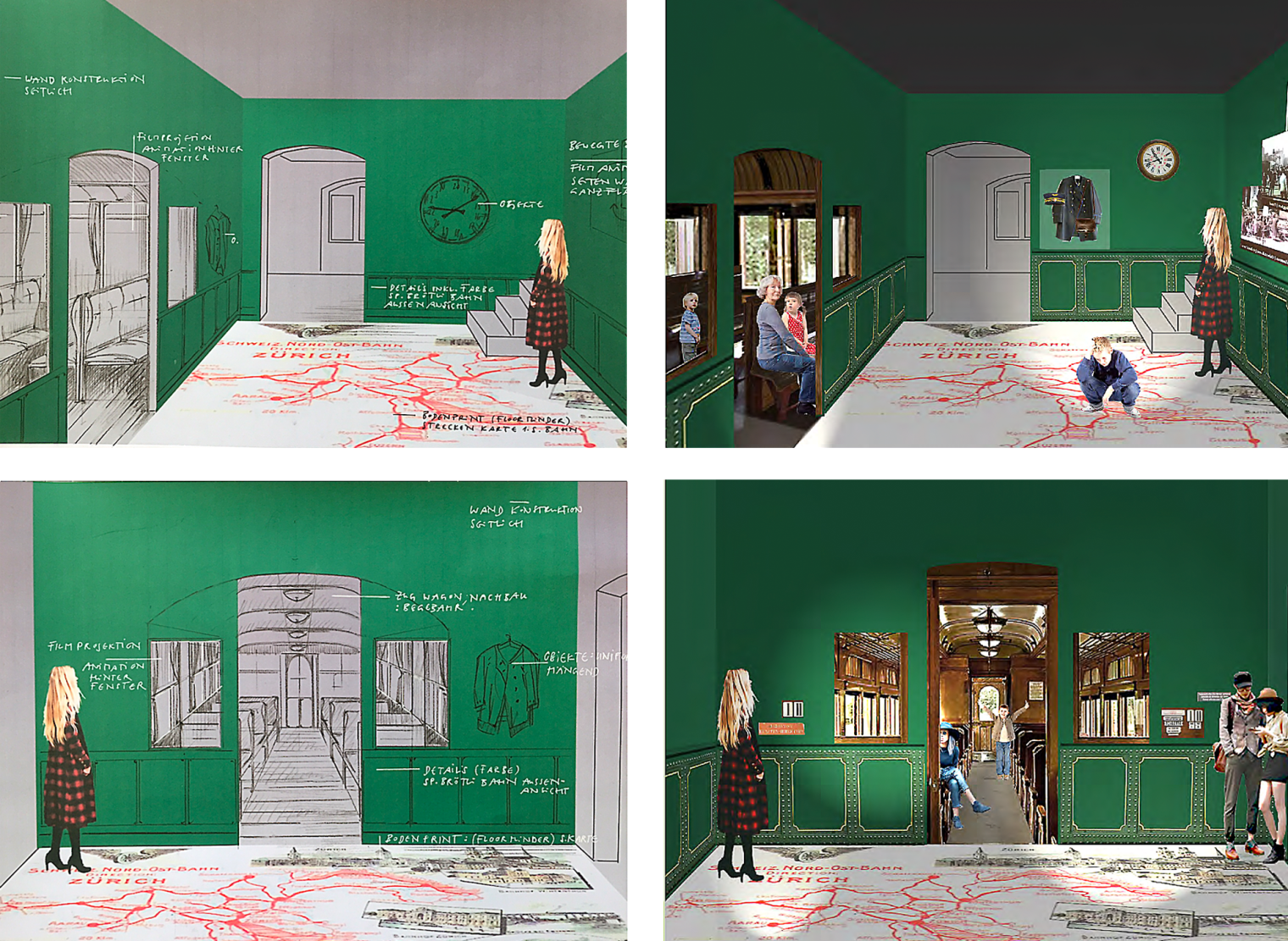 Raumvisualisierung. Eisenbahnraum. Familienausstellung Mit fliegendem Teppich durch die Geschichte. Schweizerisches Nationalmuseum Zürich. Szenografie und Gestaltungskonzept von Martina Nievergelt