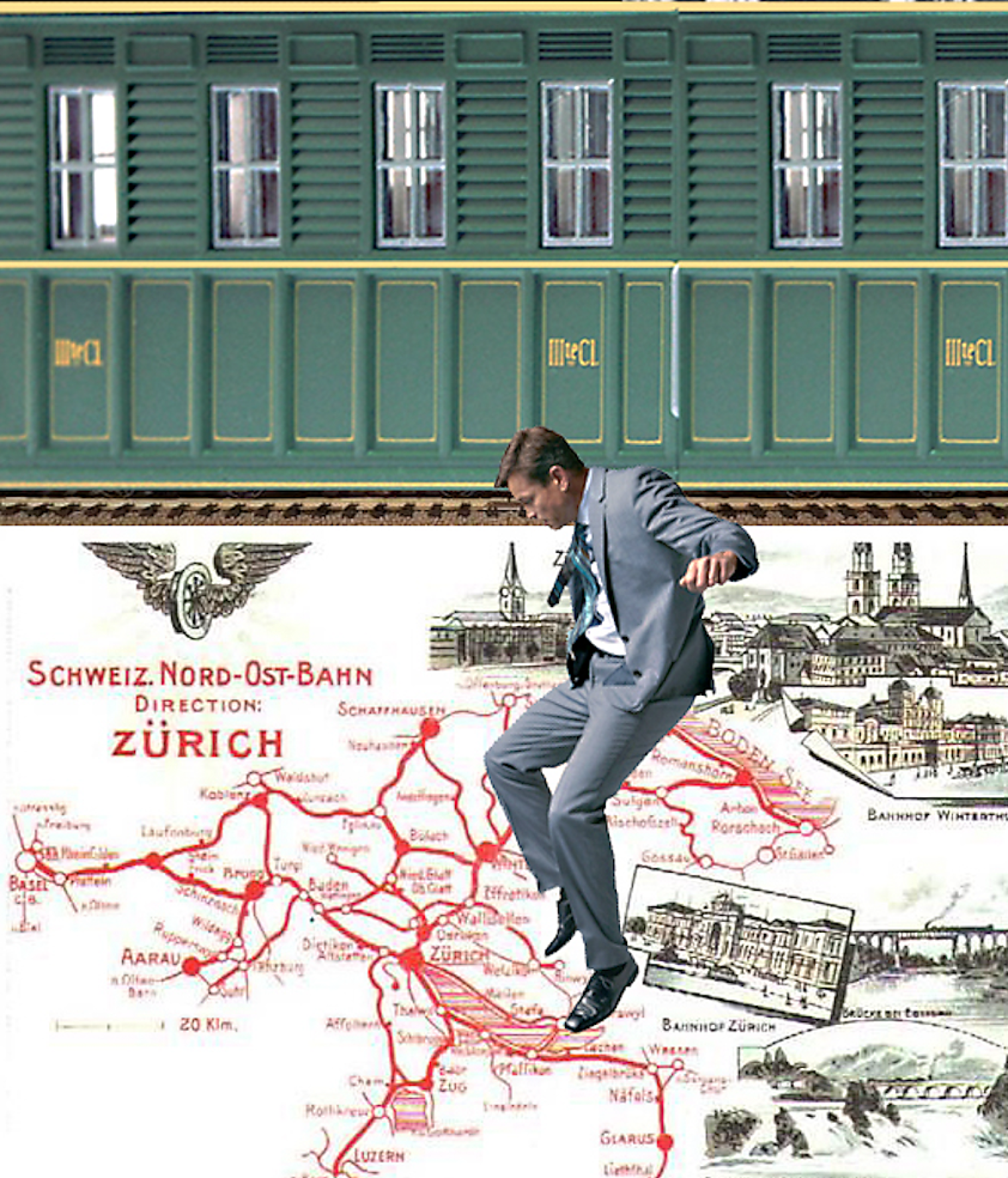 Moodboard detail. Eisenbahnraum. Familienausstellung Mit fliegendem Teppich durch die Geschichte. Schweizerisches Nationalmuseum Zürich. Szenografie und Gestaltungskonzept von Martina Nievergelt