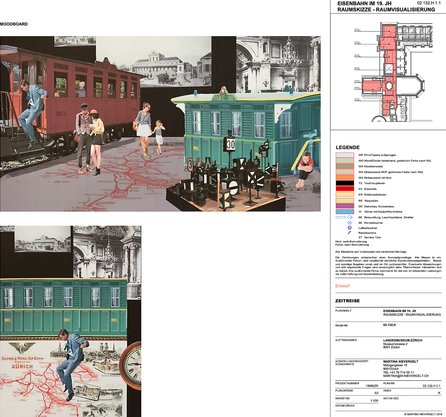 Moodboard. Eisenbahnraum. Familienausstellung Mit fliegendem Teppich durch die Geschichte. Schweizerisches Nationalmuseum Zürich. Szenografie und Gestaltungskonzept von Martina Nievergelt