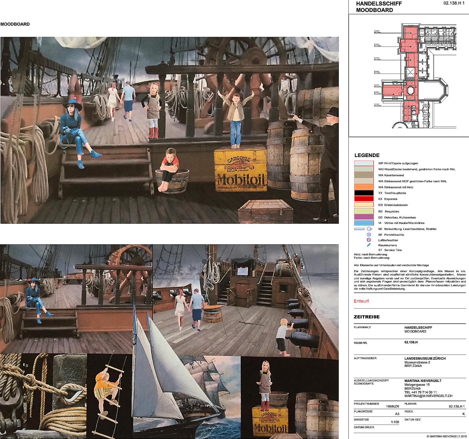 Moodboard. Handelsschiffraum. Familienausstellung Mit fliegendem Teppich durch die Geschichte. Schweizerisches Nationalmuseum Zürich. Szenografie und Gestaltungskonzept von Martina Nievergelt