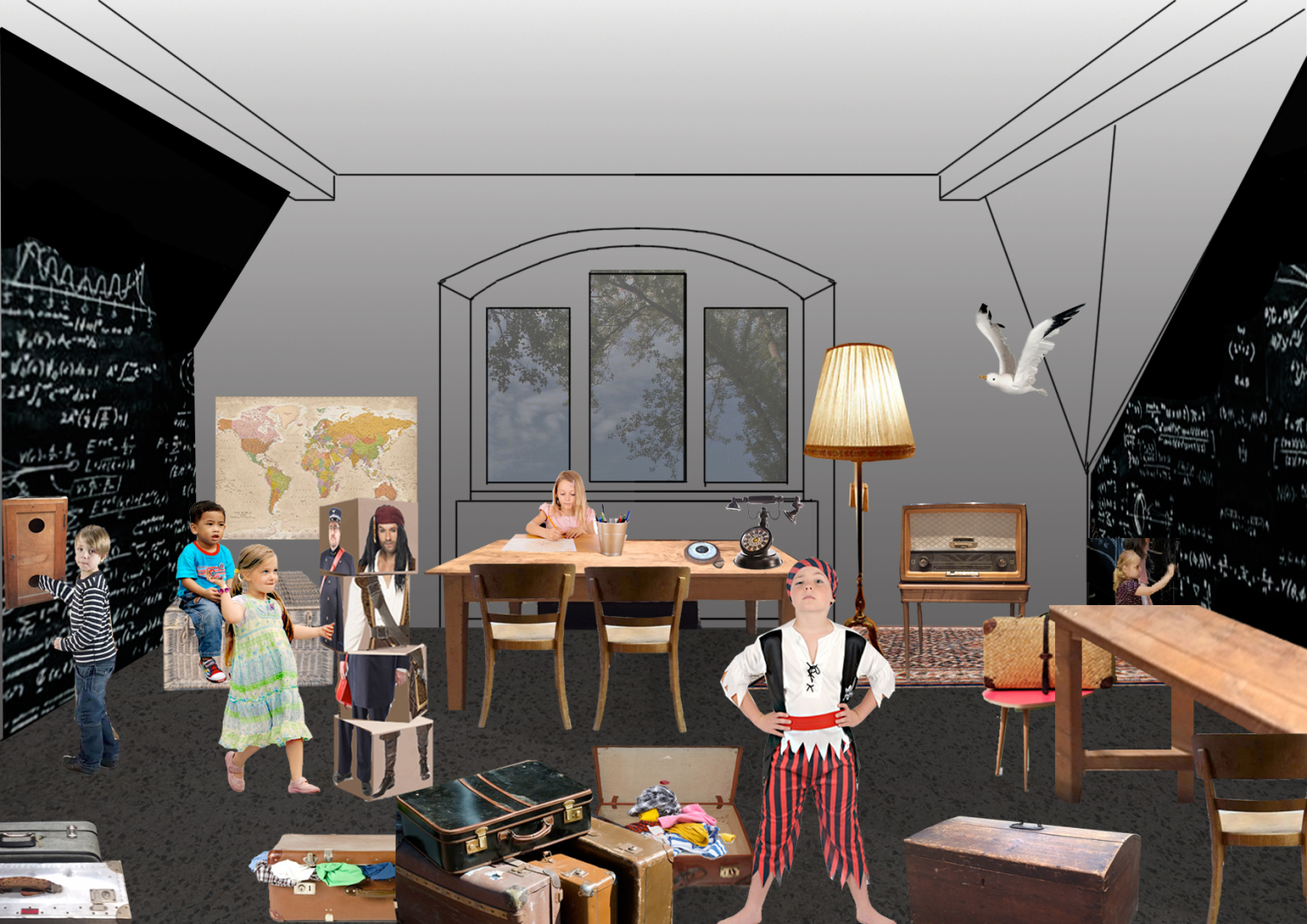Raumvisualisierung. Kinderraum. Familienausstellung Mit fliegendem Teppich durch die Geschichte. Schweizerisches Nationalmuseum Zürich. Szenografie und Gestaltungskonzept von Martina Nievergelt