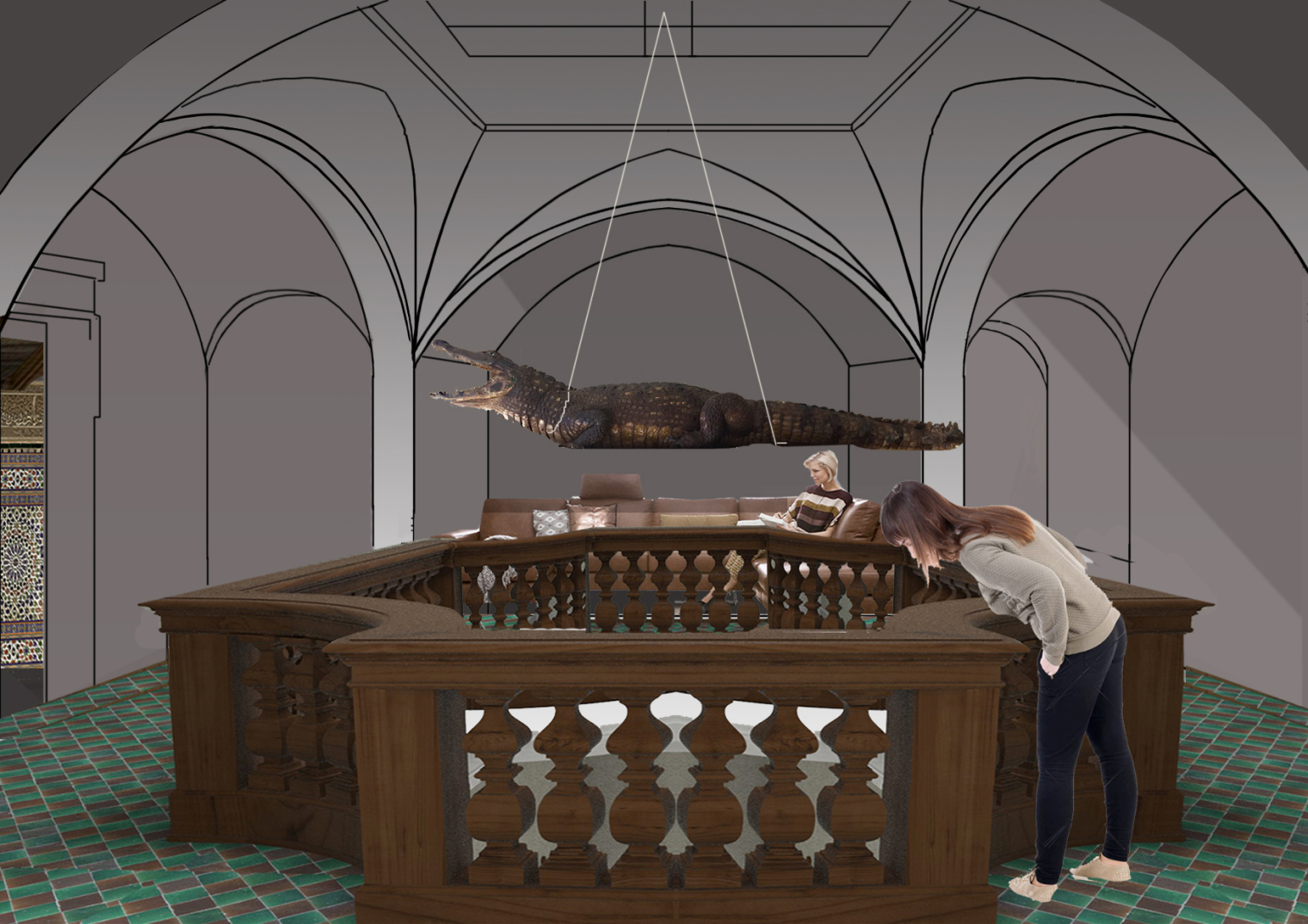 Raumvisualisierung. Lichthof. Familienausstellung Mit fliegendem Teppich durch die Geschichte. Schweizerisches Nationalmuseum Zürich. Szenografie und Gestaltungskonzept von Martina Nievergelt