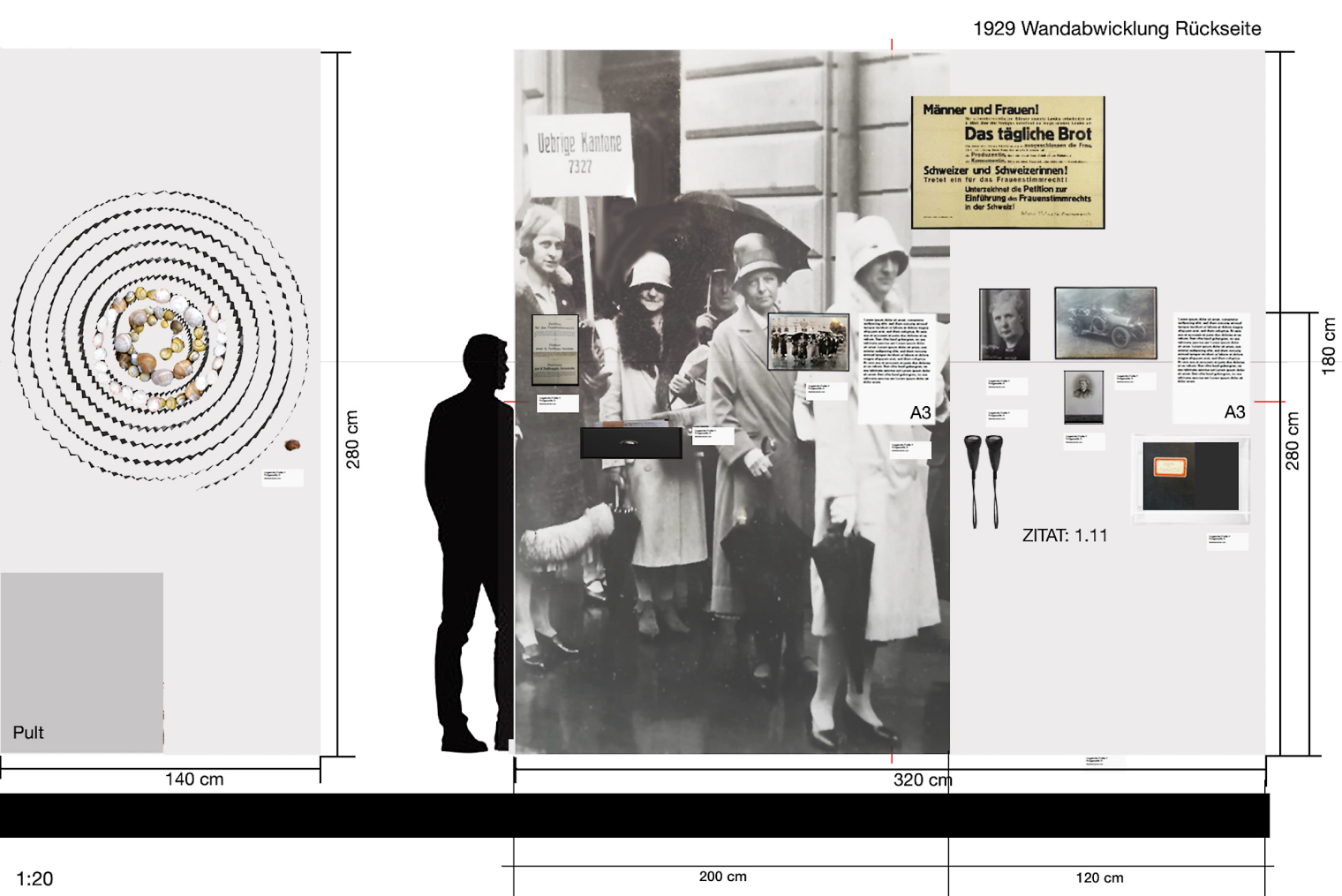 Wandabwicklung für die Ausstellung Eine Stimme haben. 50 Jahre Frauenstimmrecht Luzern im Historischen Museum. Szenografie und Gestaltungskonzept von Martina Nievergelt