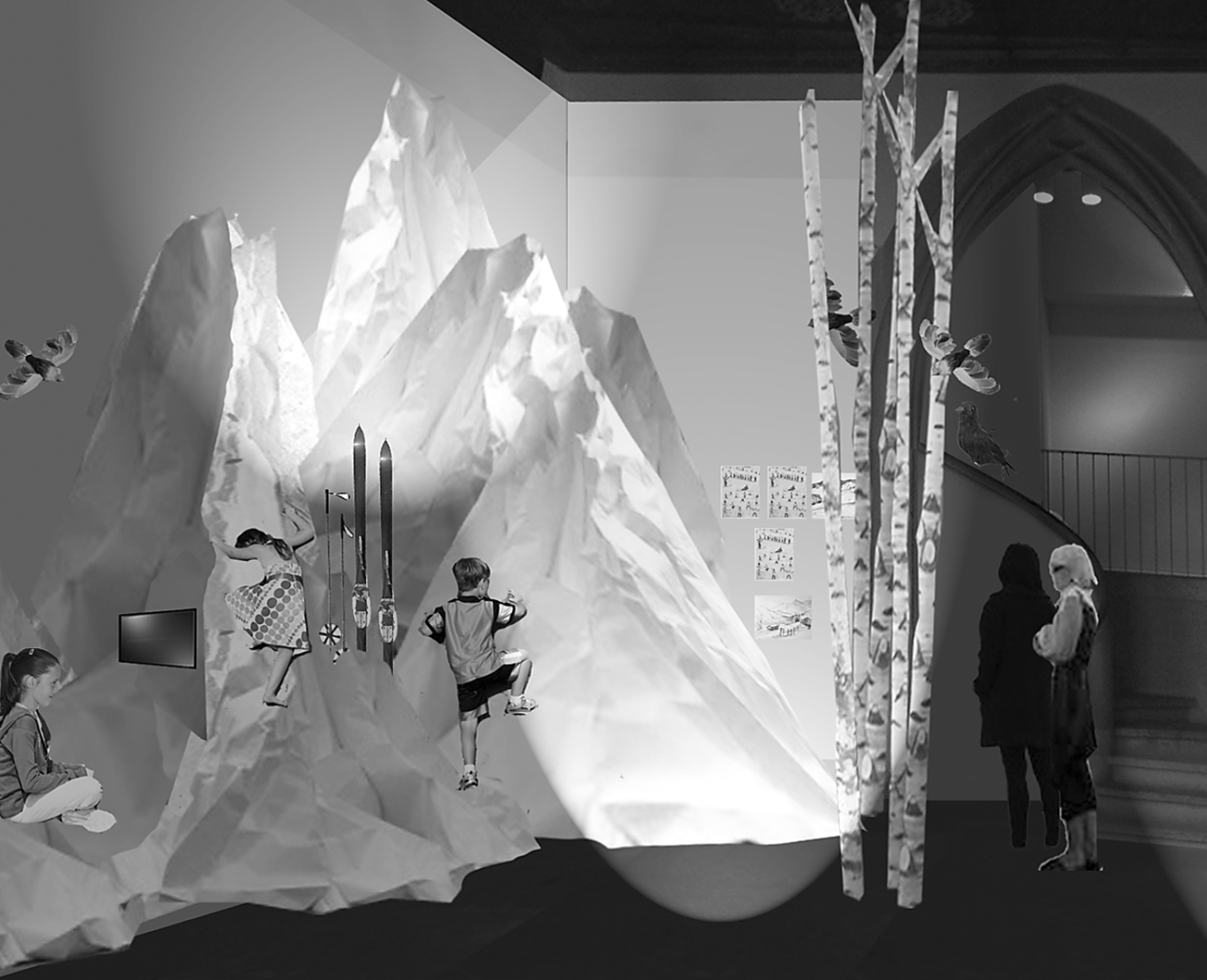 Raumvisualisierung. Berglandschaft. Ausstellung. Alois Carigiet. Schweizerisches Nationalmuseum Zürich. Szenografie und Gestaltungskonzept von Martina Nievergelt