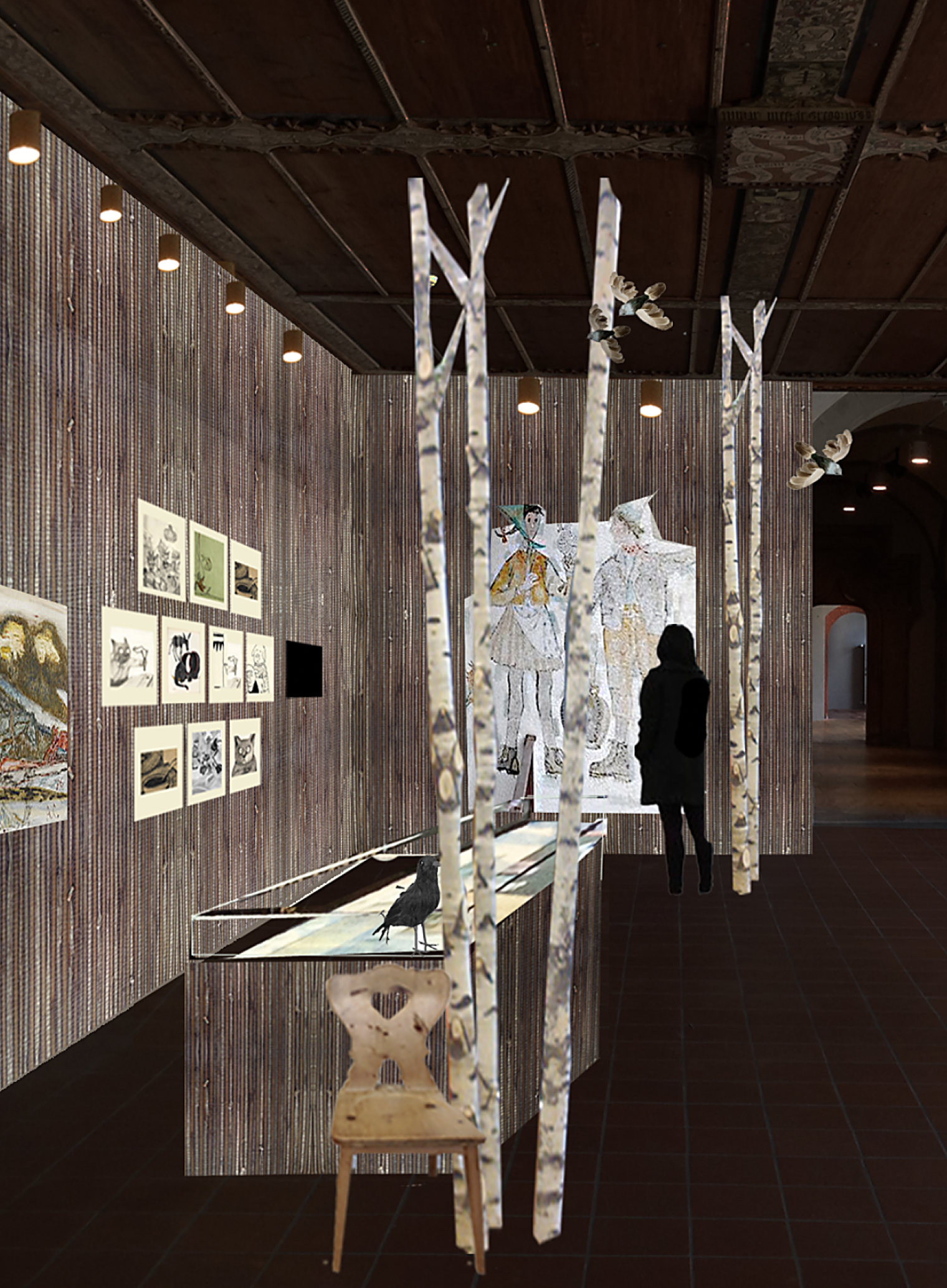 Raumvisualisierung. Ausstellung. Alois Carigiet. Schweizerisches Nationalmuseum Zürich. Szenografie und Gestaltungskonzept von Martina Nievergelt