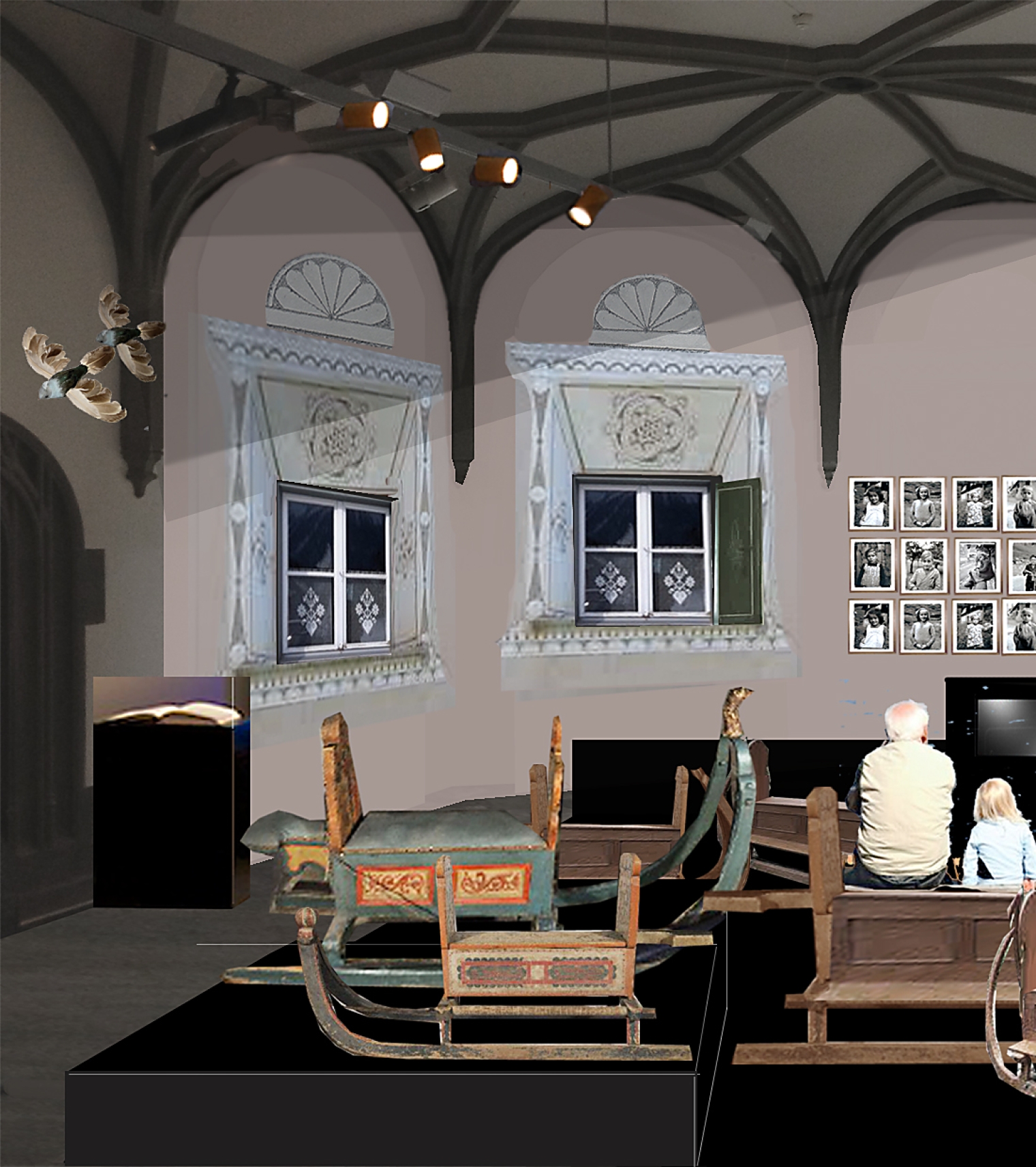 Raumvisualisierung. Ausstellung. Alois Carigiet. Schweizerisches Nationalmuseum Zürich. Szenografie und Gestaltungskonzept von Martina Nievergelt
