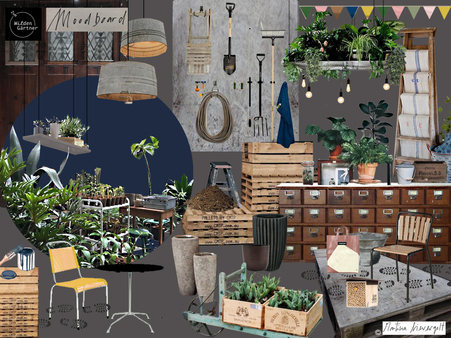 Moodboard für die Inneneinrichtung. zum wilden Gärtner Pflanzen Gärtnerei. Store. Interior Design und Gestaltungskonzept von Martina Nievergelt