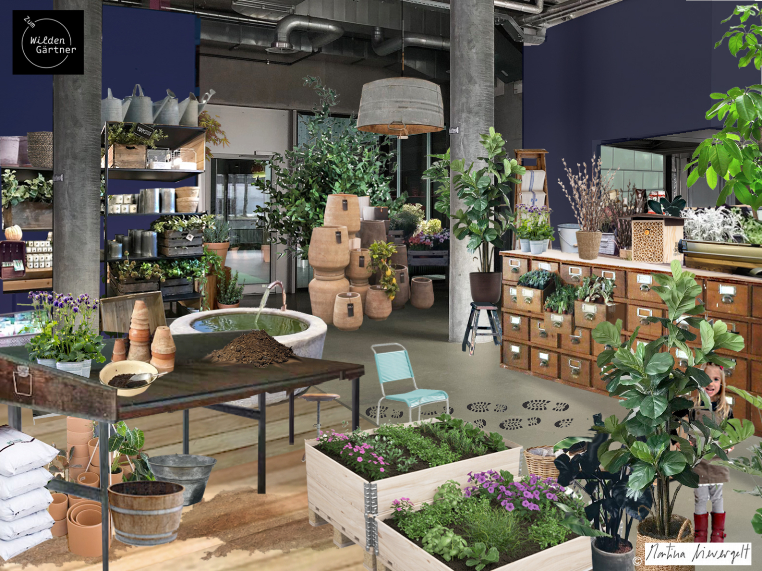 Raumvisualisierung für die Inneneinrichtung. zum wilden Gärtner. Pflanzen Gärtnerei. Store. Interior Design und Gestaltungskonzept von Martina Nievergelt