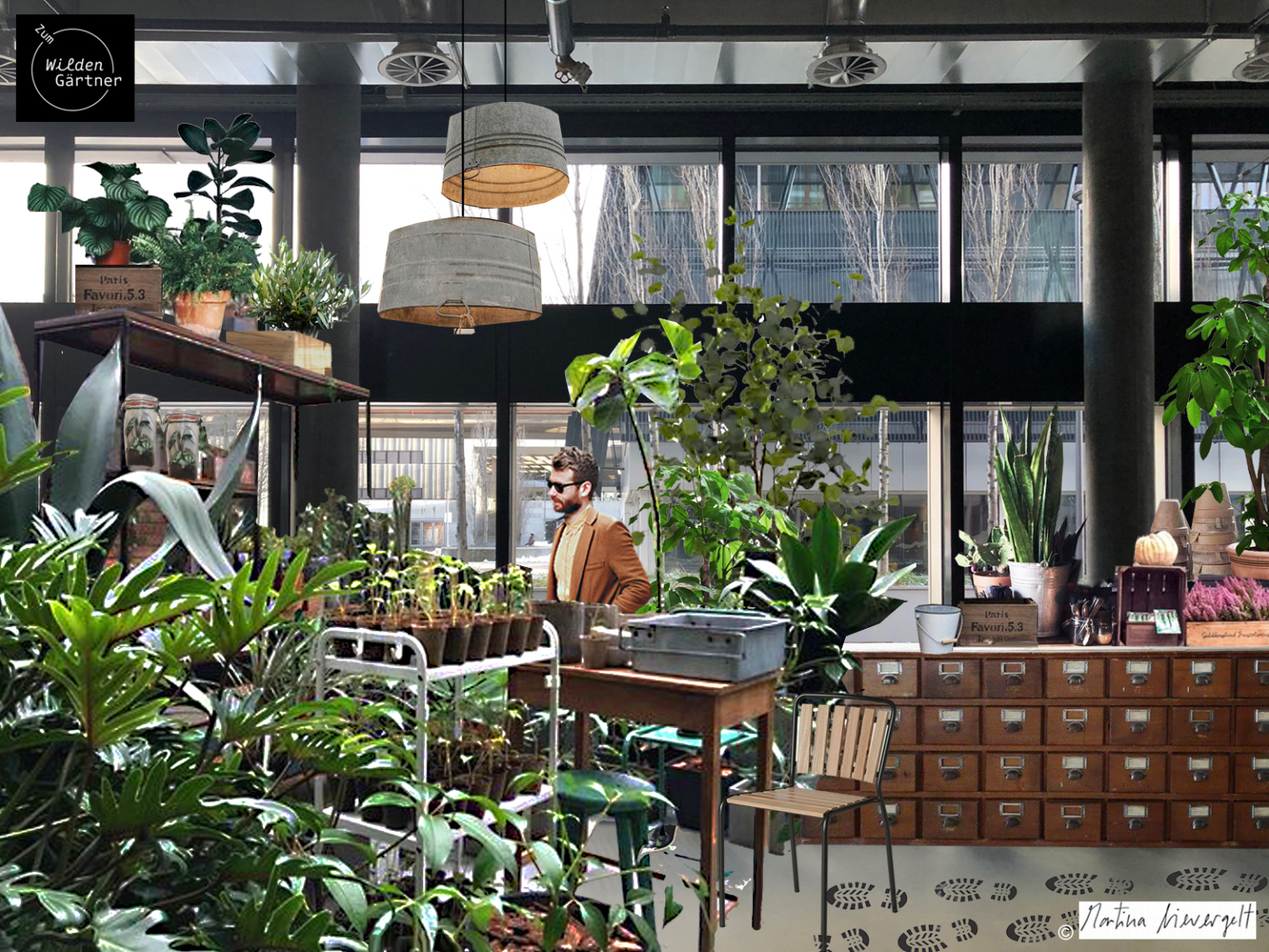 Raumvisualisierung für die Inneneinrichtung. zum wilden Gärtner. Pflanzen Gärtnerei. Store. Interior Design und Gestaltungskonzept von Martina Nievergelt