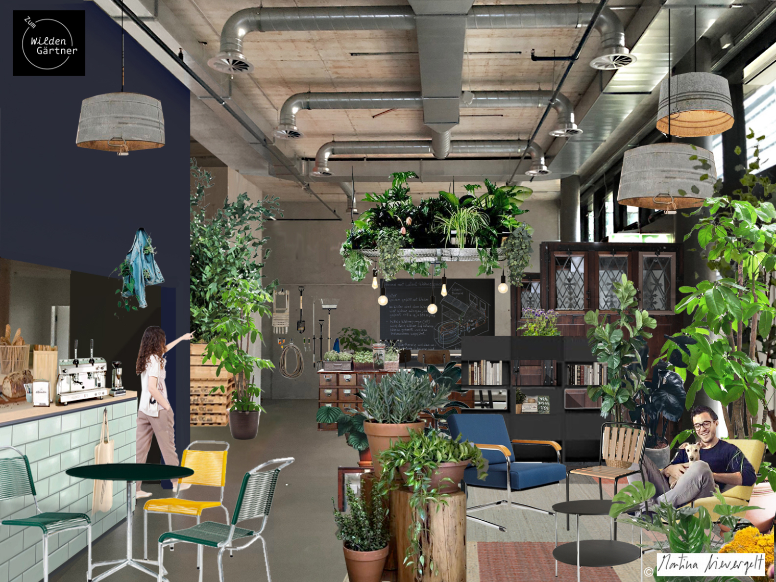 Raumvisualisierung für die Inneneinrichtung. zum wilden Gärtner. Pflanzen Gärtnerei. Store. Interior Design und Gestaltungskonzept von Martina Nievergelt
