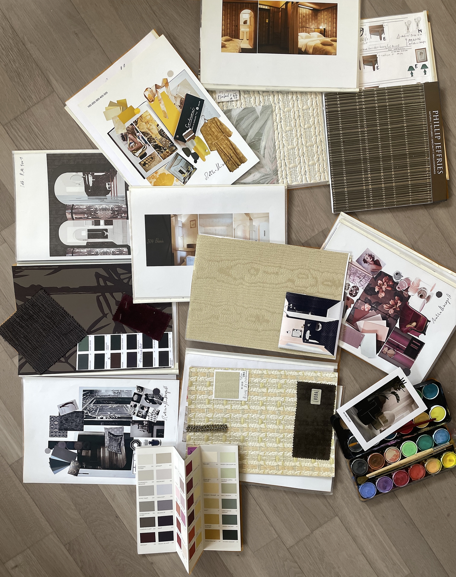 Hotel Le Berger. Moodboard Kreativevorbereitung. Inneneinrichtung vom legendärem Hotel „de Rendez-Vous“ im Art Deco Stil. 50 individuell gestaltete Hotelzimmer. Interior-Design und Gestaltungskonzept von Martina Nievergelt